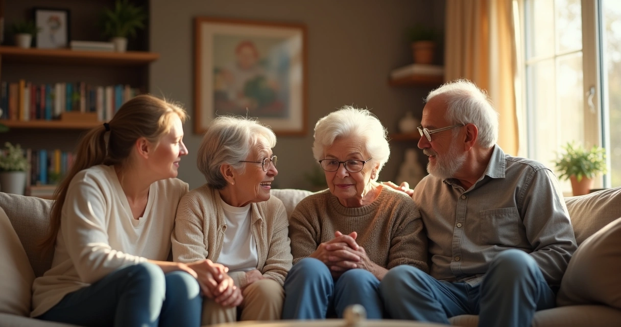 Family discussion in living room, several generations together 
