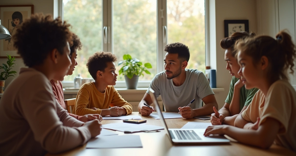 Family discussing daily choices around kitchen table 