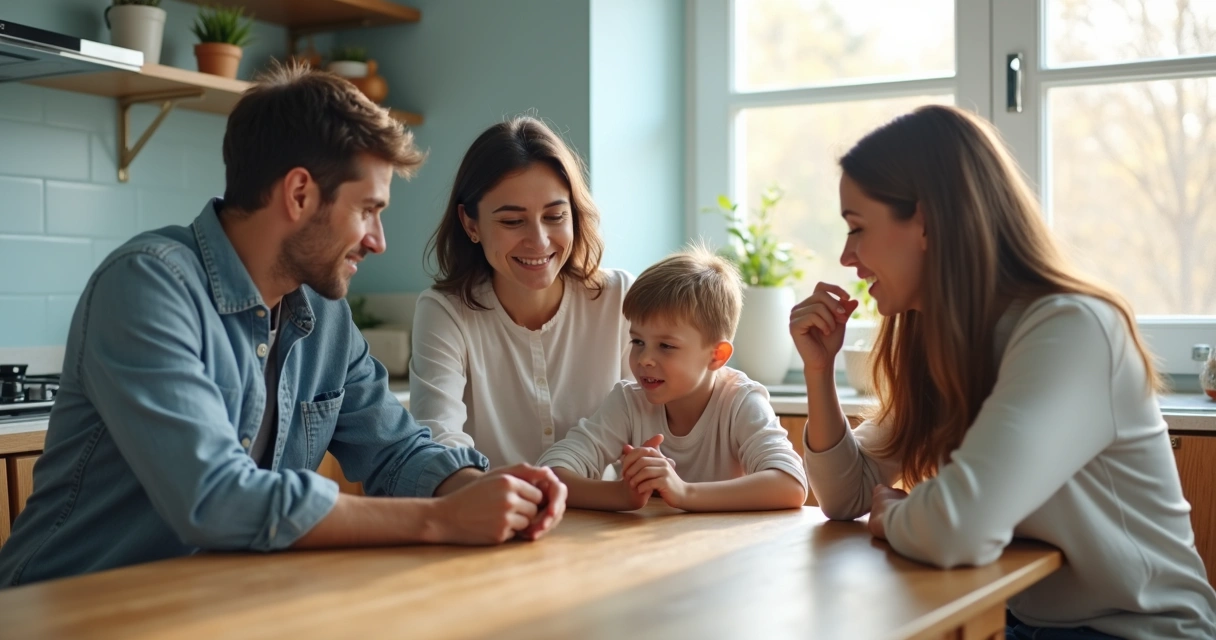 Family talking around a kitchen table 