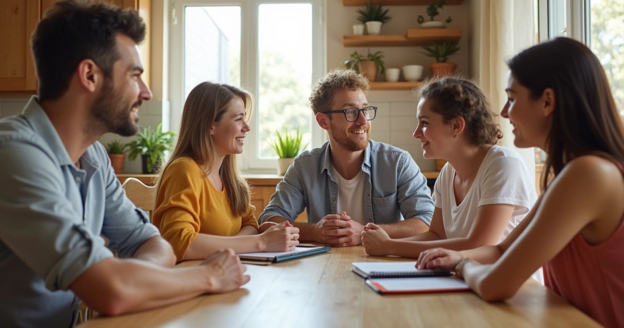 Family sitting at a table discussing peacefully