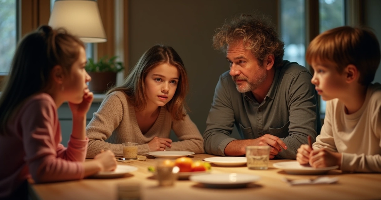 Family having serious conversation around the dinner table, showing openness and attentive listening