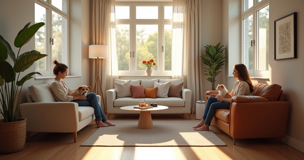 Family with dog and cat in living room with allergy-friendly furnishings