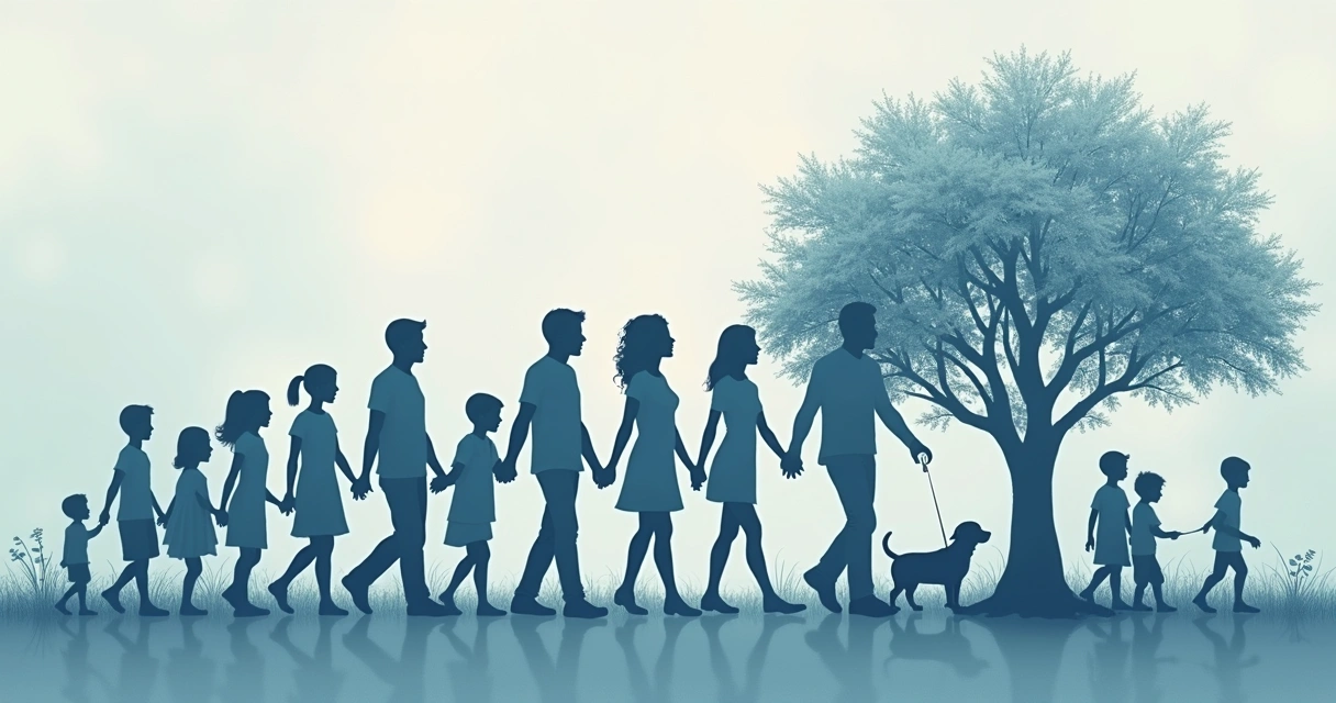 Diagram showing a family tree with typical systemic roles indicated for each family member, surrounded by soft blue tones. 