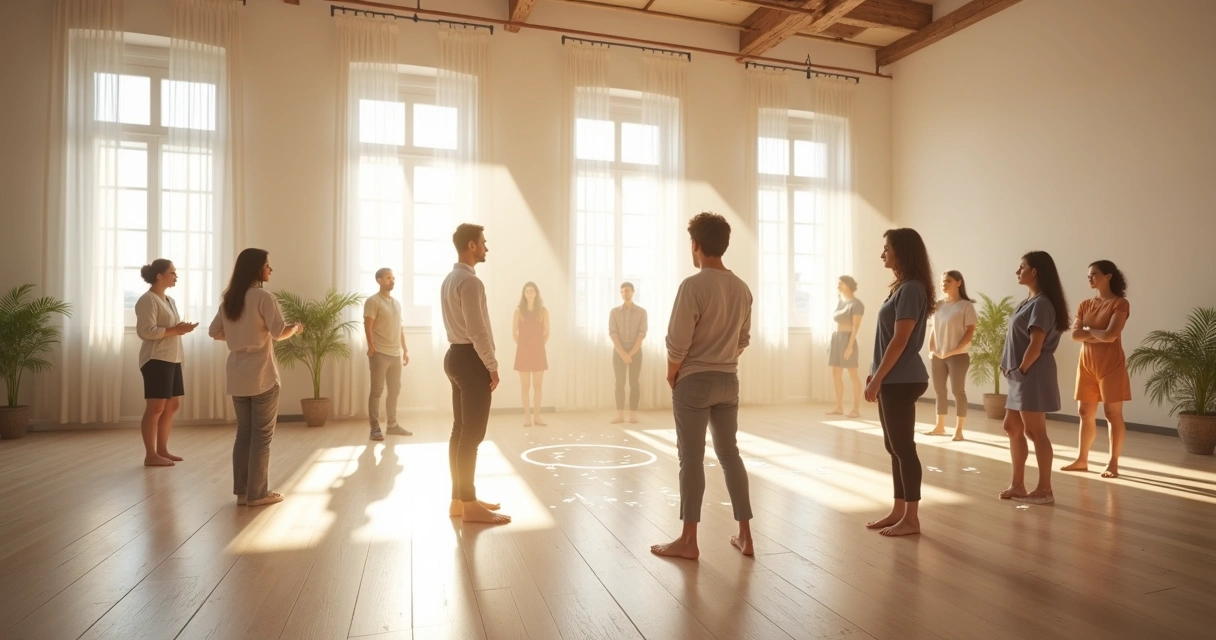 People participating in a systemic constellation session, standing in a circle on a light wooden floor, with some representing family members and facilitators gently guiding movement. 
