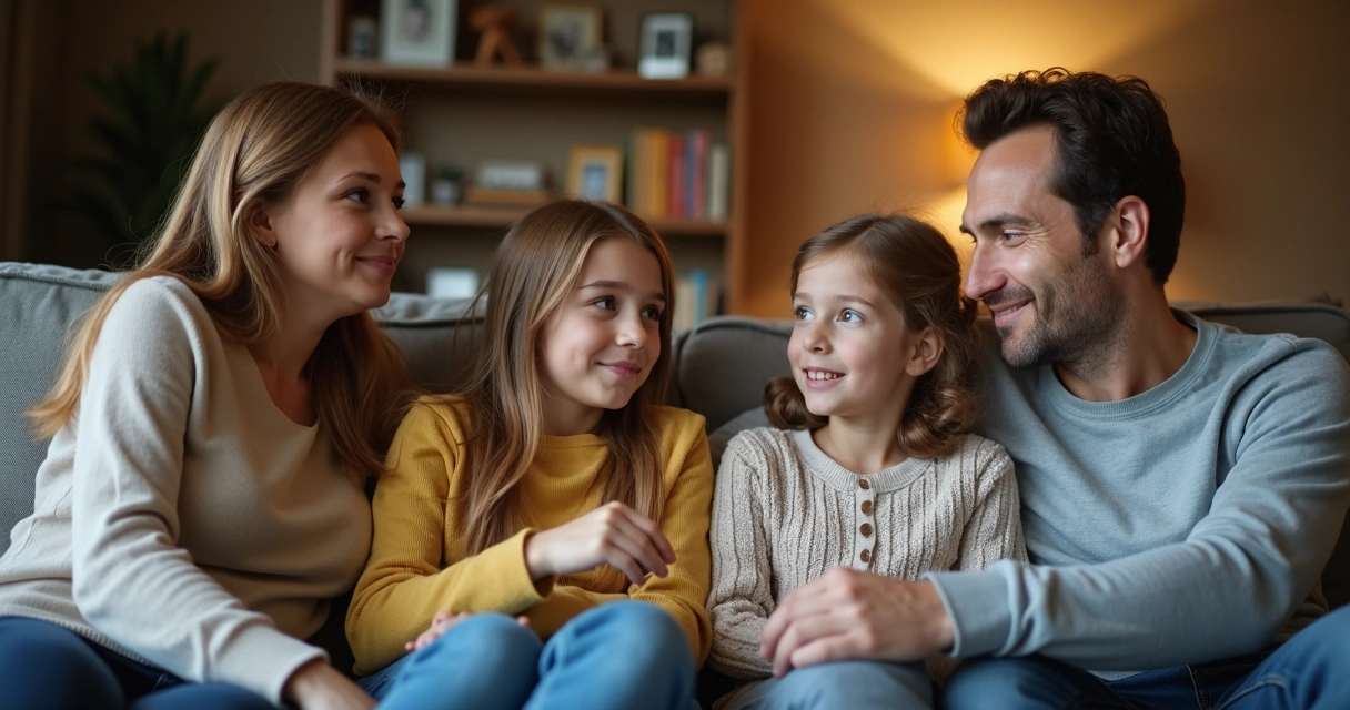 Family of four sitting in living room, discussing together