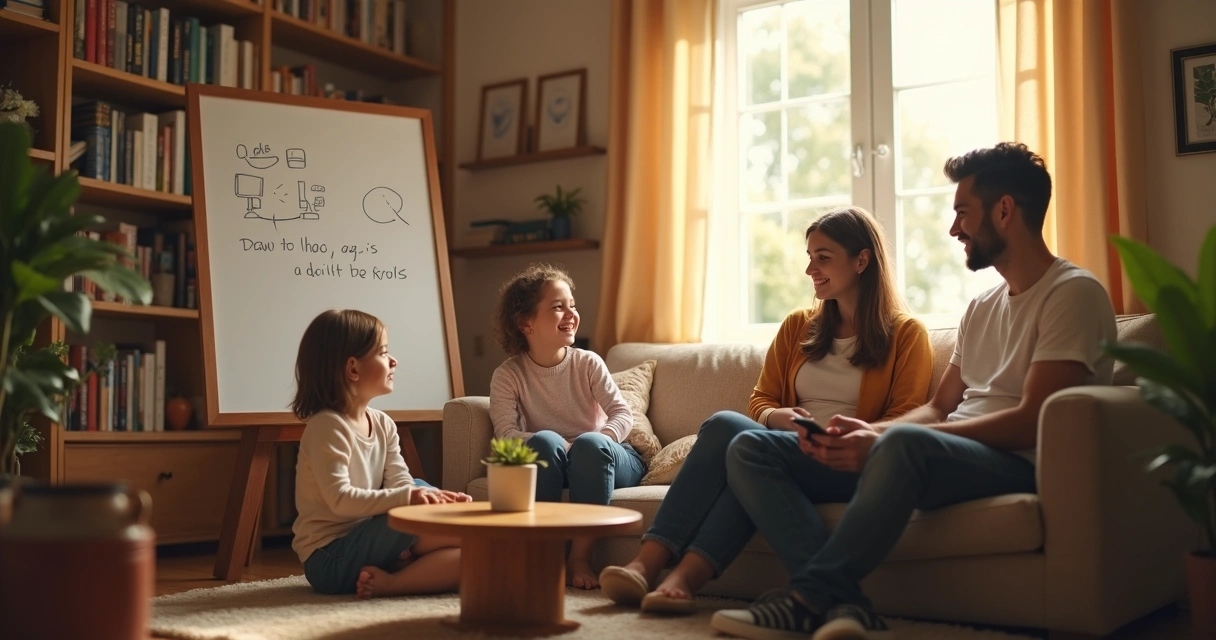 Family sitting in a living room, discussing home rules and roles 