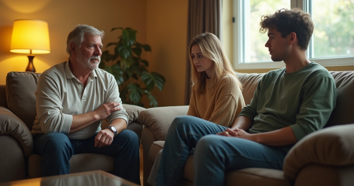 Three people sitting in a living room showing nonverbal tension 