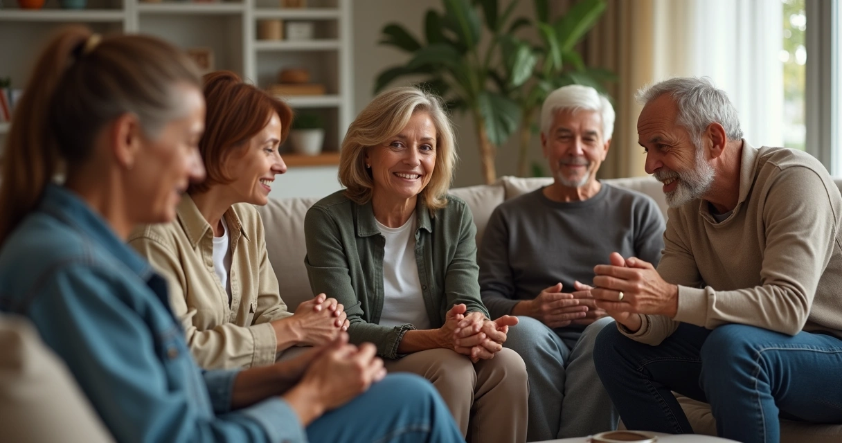 Family members interacting in a living room, suggesting complex relationships 