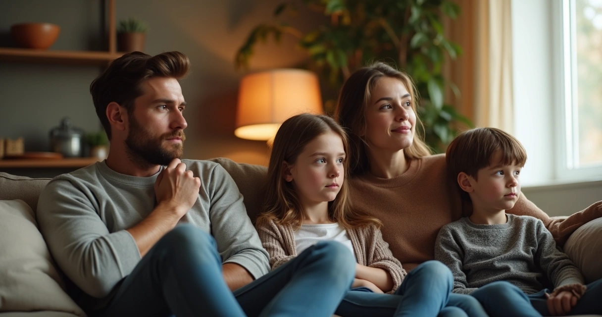 Family sitting together, each person expressing a different emotion 