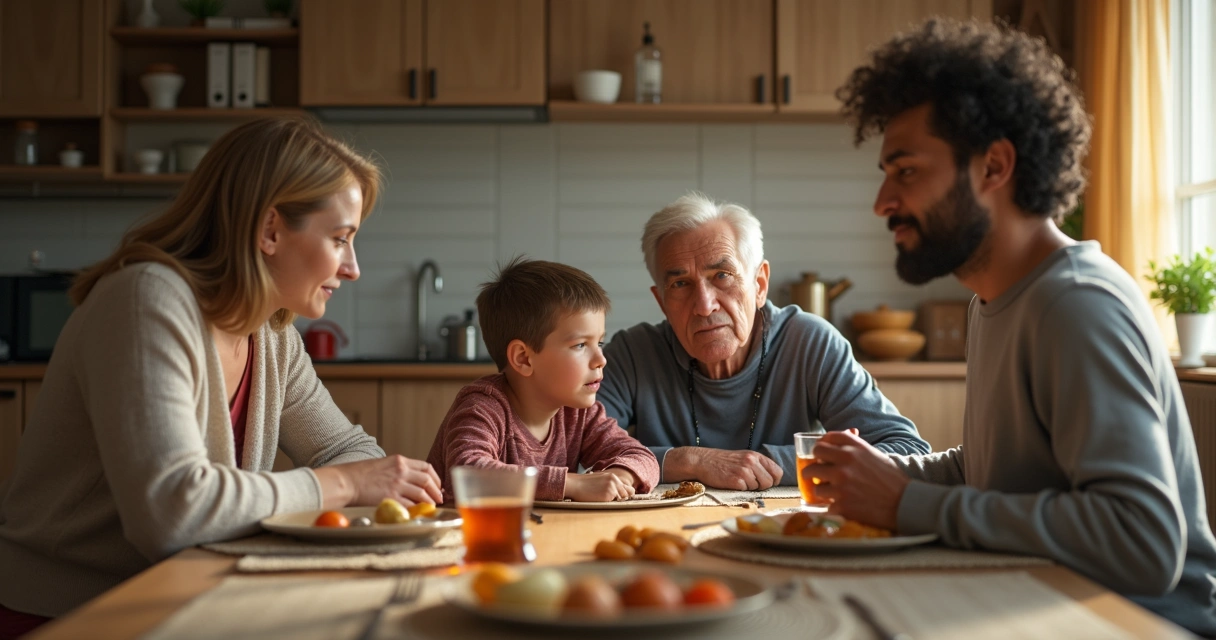 Illustration of a family at dinner with each family member assuming a different, distinct role 