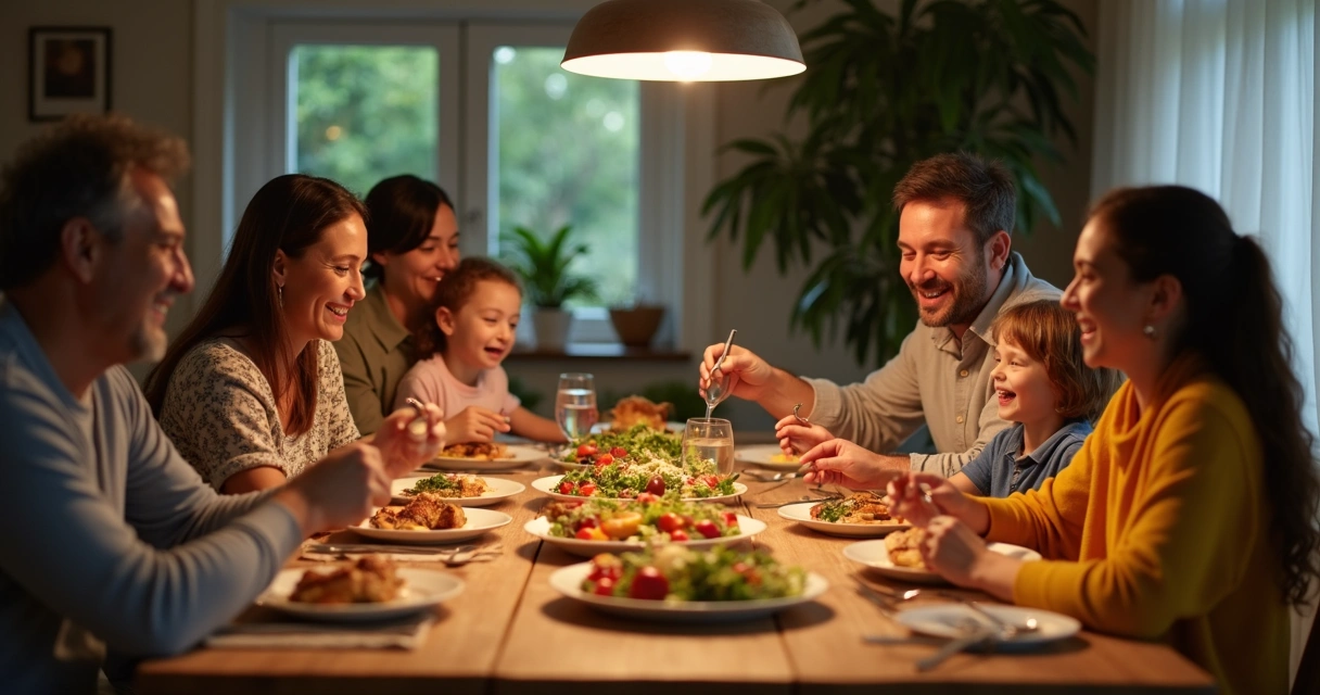 Family enjoying healthy low-carb meal at dinner table 