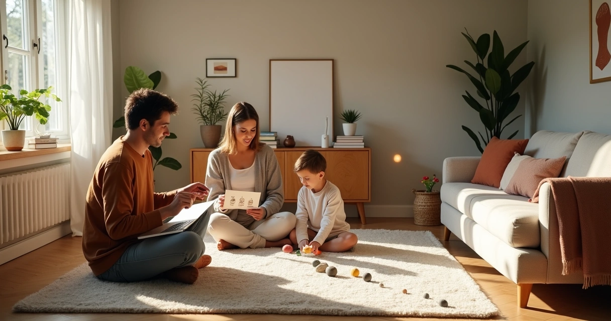 Family in living room following a calm daily routine together 