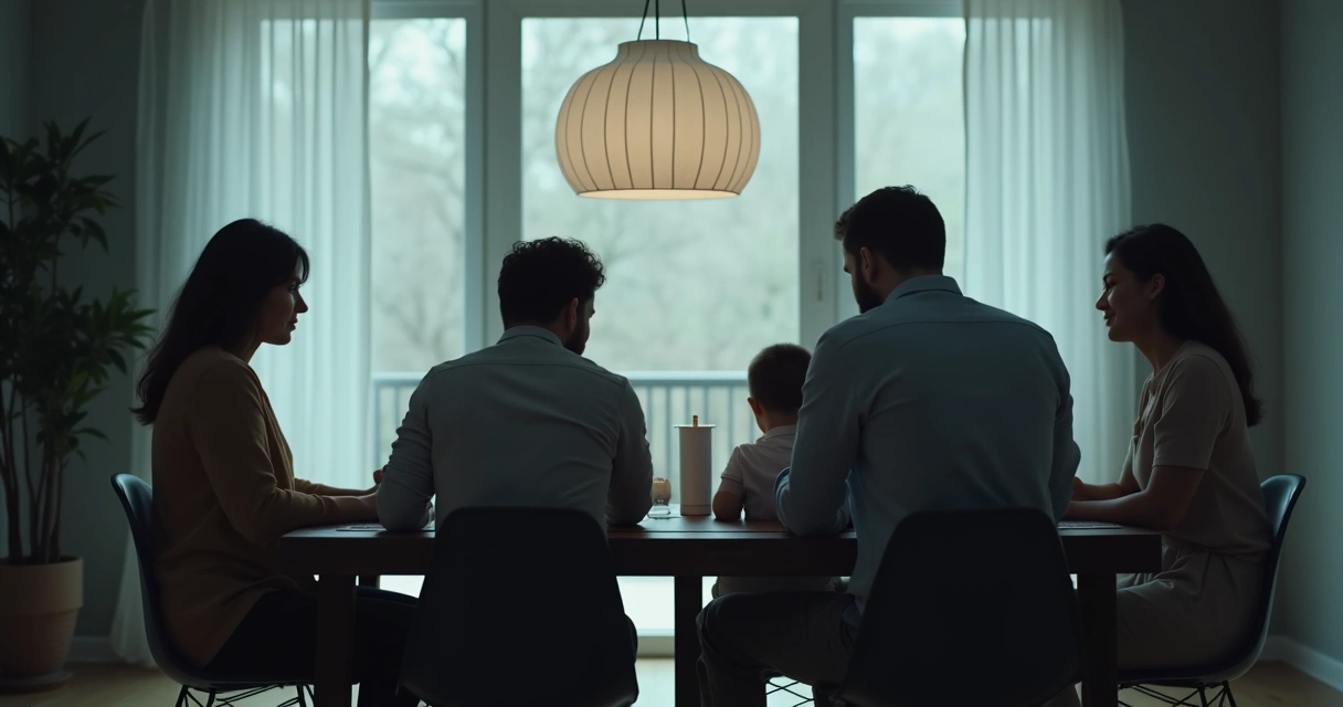 A family of four sitting quietly at a dinner table, not speaking, with a subtle barrier of shadow separating them 