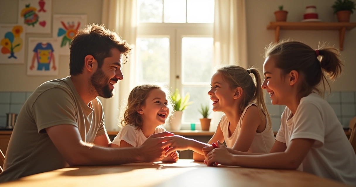 Family gathered around kitchen table sharing a warm emotional moment.