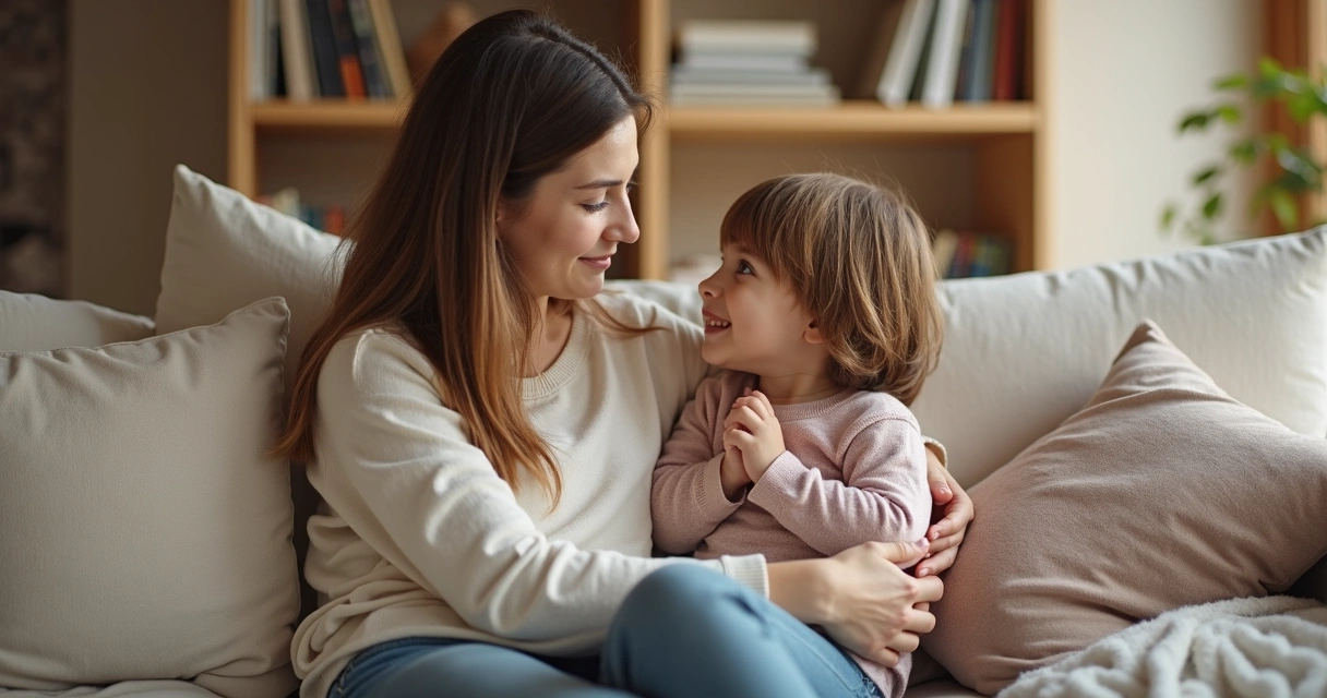 Parent and child sitting together on a couch, sharing a quiet moment