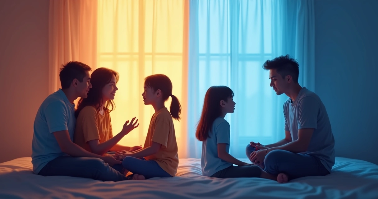 Contrast of two families, one expressing emotions openly, the other sitting quietly