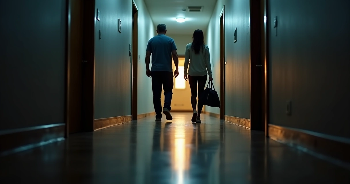 Two relatives walking apart in opposite directions down a long hallway 