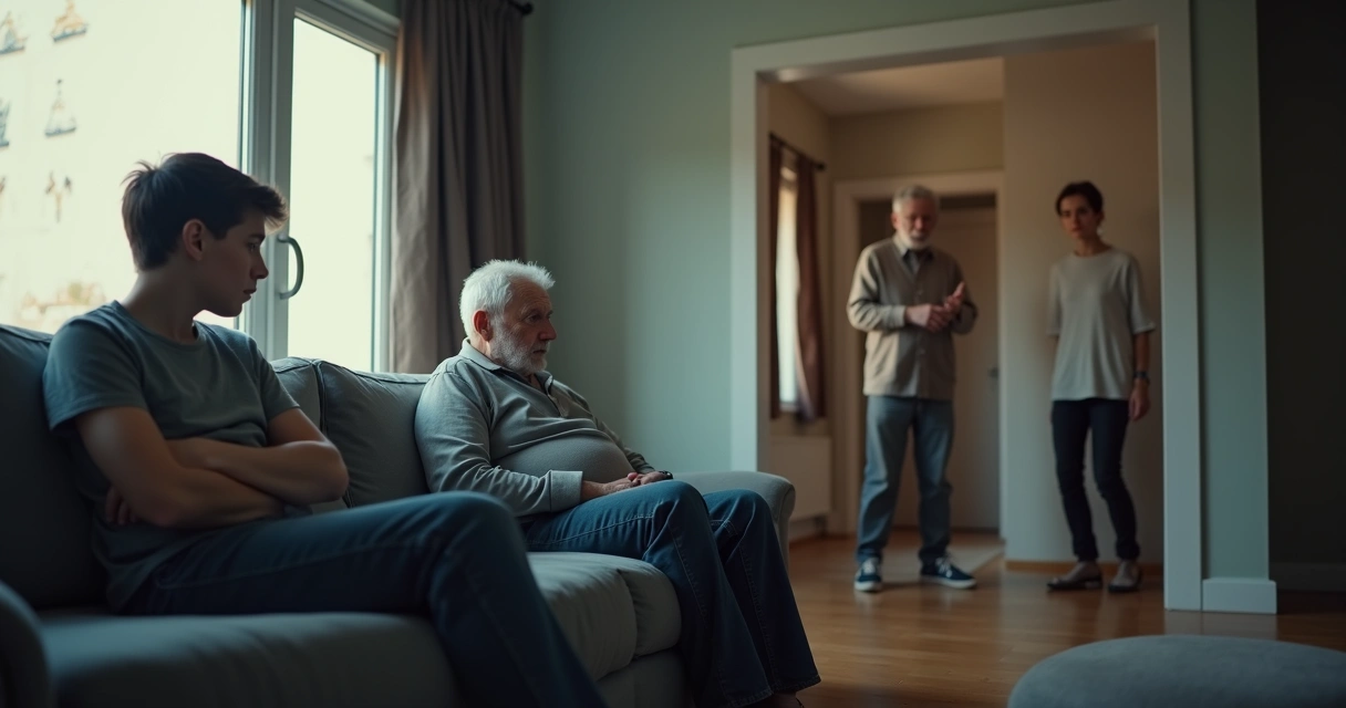 Three generations of a family sitting apart in a living room avoiding eye contact 