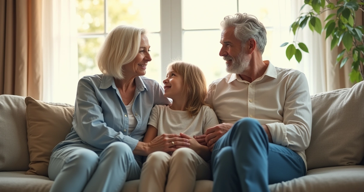 Three generations of a family sitting together with a subtle overlay of family tree roots 