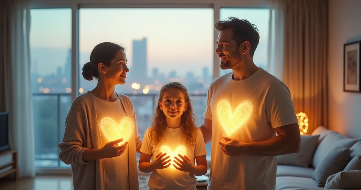 Three generations of a family connected by a glowing bridge of light between hearts 