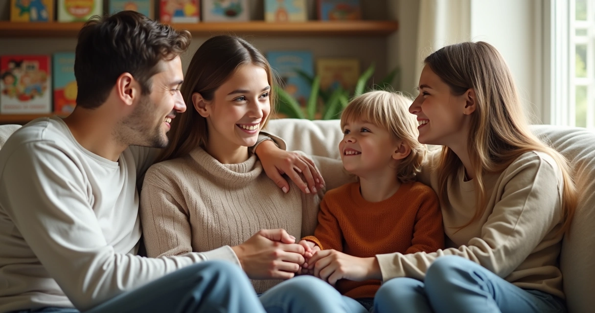 Mother and father sitting on a couch with two children, talking and sharing emotions together 