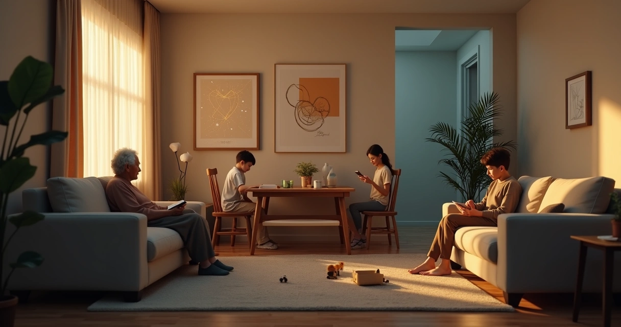 Family in living room connected by faint glowing threads 