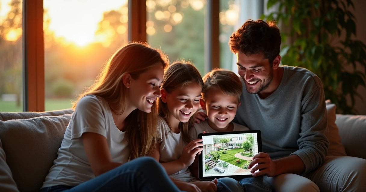 Family viewing 3D landscape design on tablet
