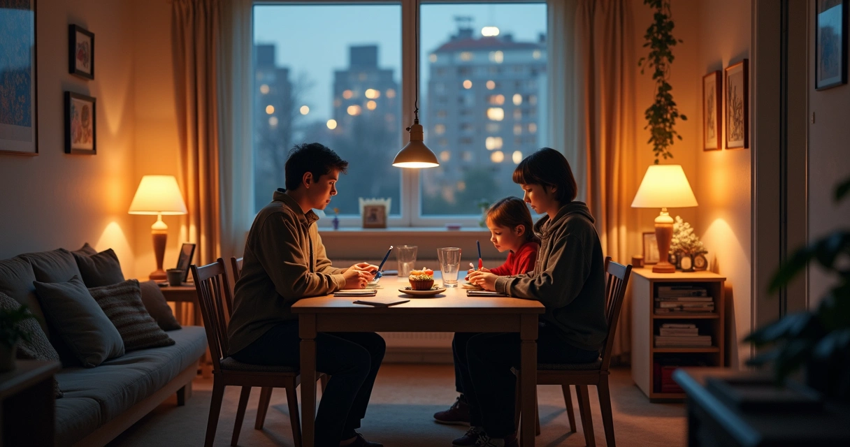 Family sharing a calm evening routine in an apartment 