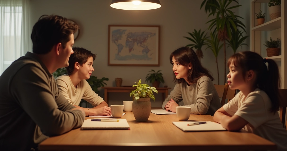 Family having a calm evening conversation at the table 