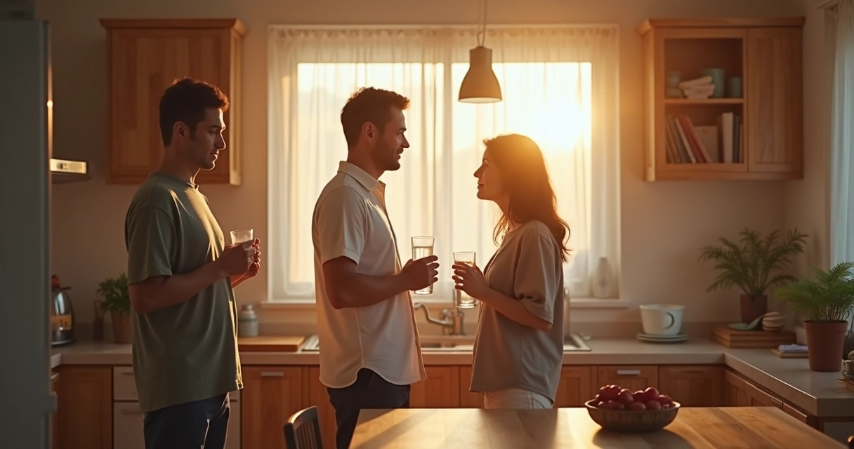 Family pausing in a calm kitchen before talking