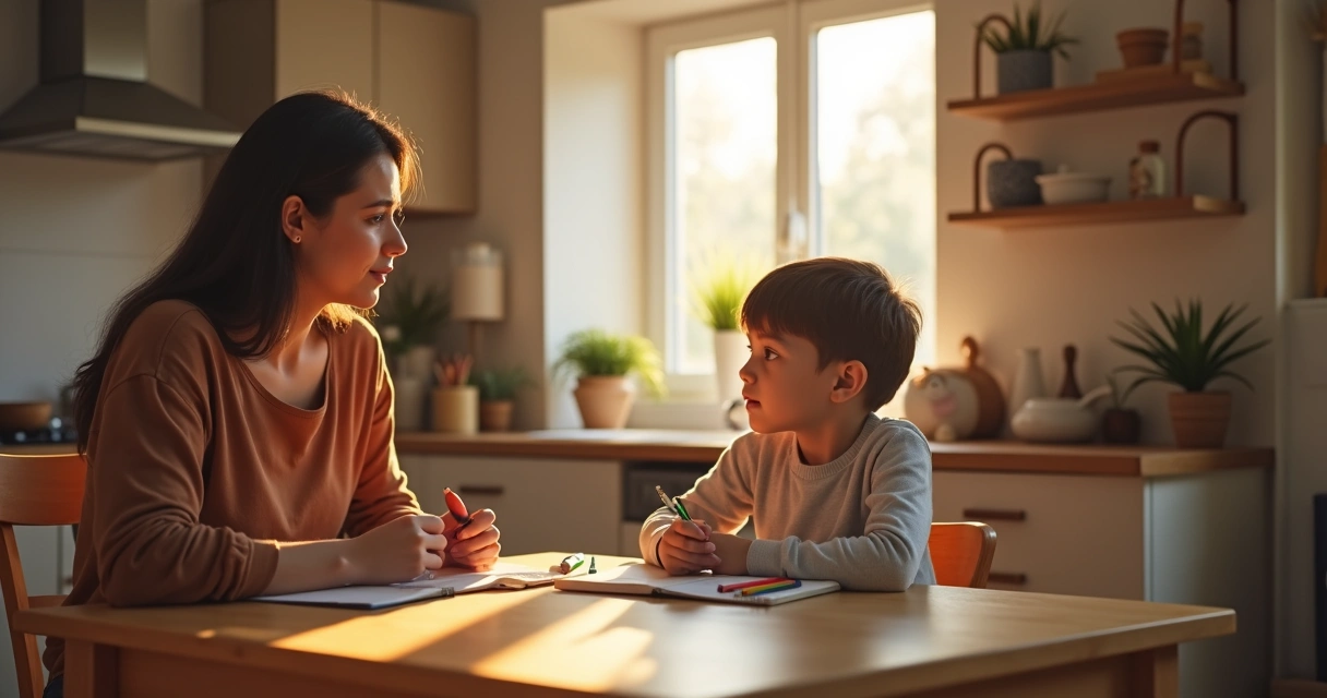 Parent and child talking at a table with calm evening light
