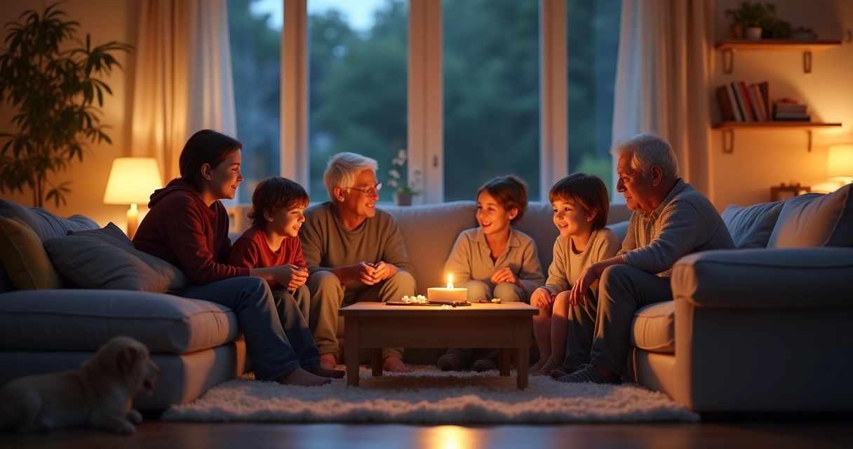 Family sitting together in living room, sharing a quiet moment with a candle lit on the table 