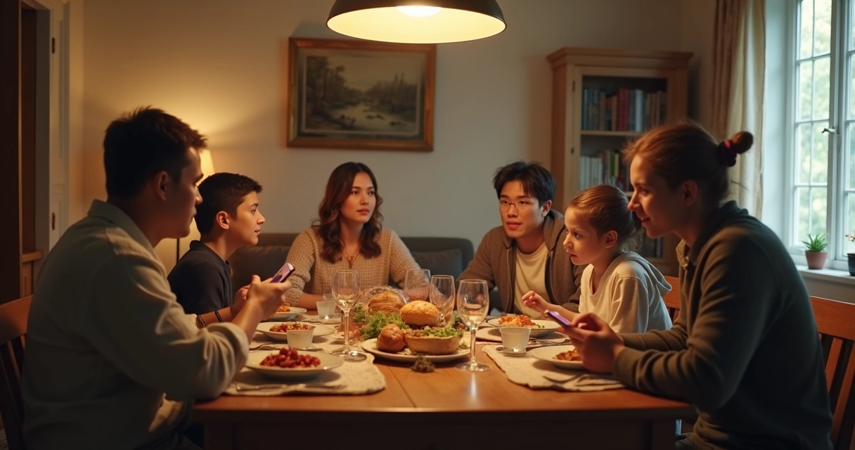 Family at dinner table, some engaged, others on phones