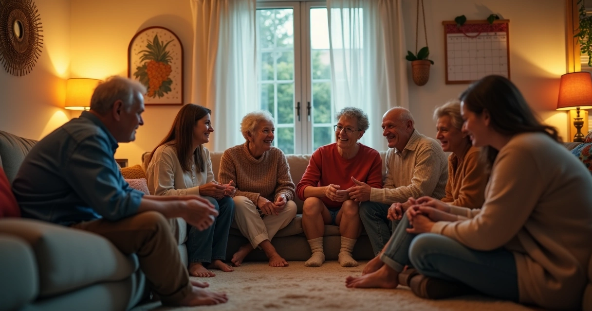Family gathering in living room for evening ritual together 