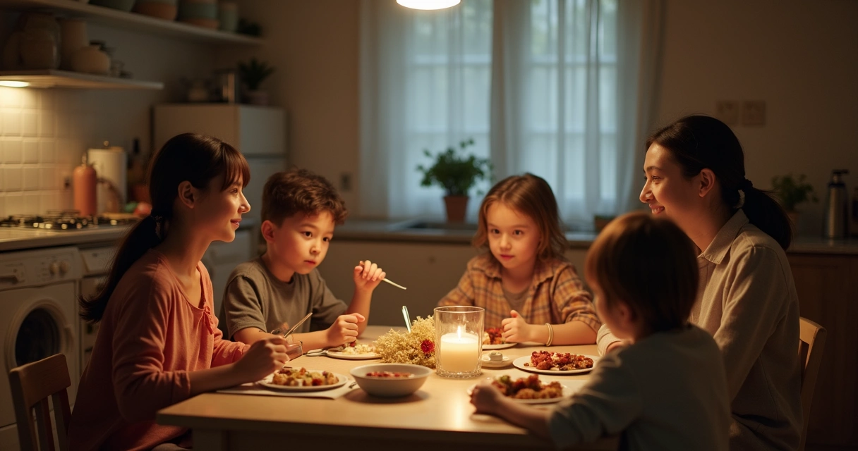 Family sitting together at a dinner table during a calm evening routine