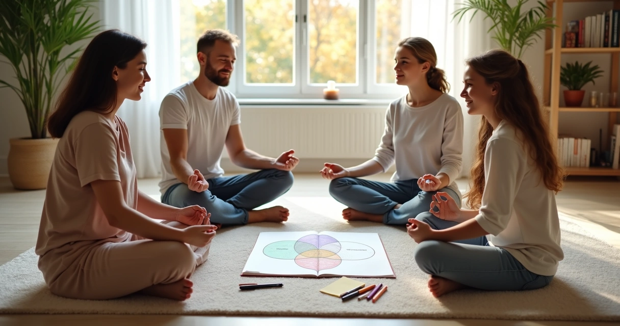 Family sitting on living room floor practicing mindful breathing together 