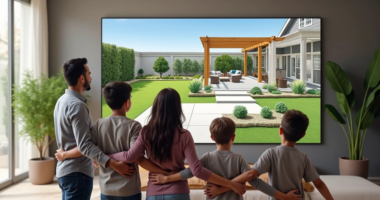 Family viewing 3D landscape plan on large screen