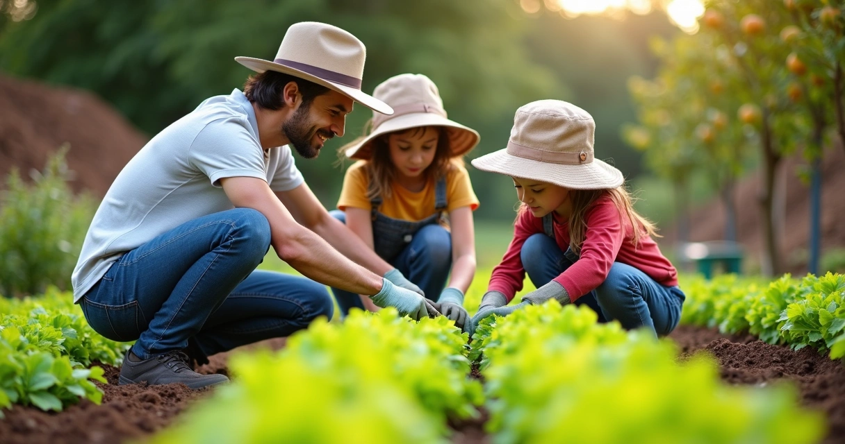 Família de agricultores plantando hortaliças em horta orgânica 