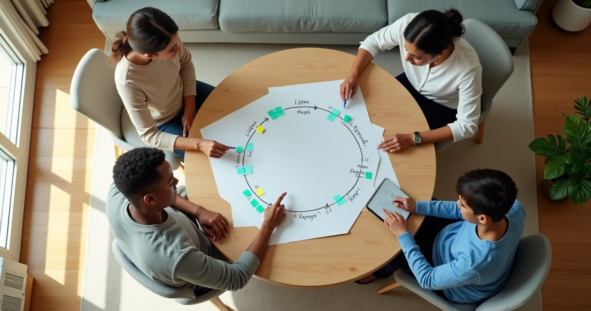 Family seen from above sitting around a circular table with shared notepads and diagrams 