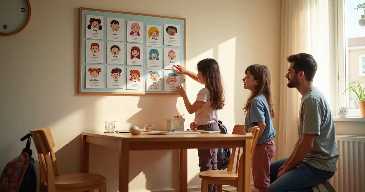Family looking at a feelings board in the kitchen 