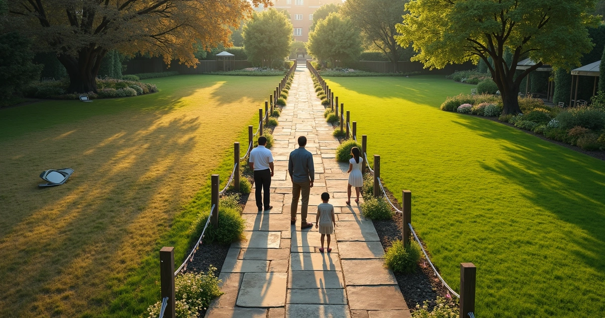 Four people on garden path split between tangled and harmonious sides 