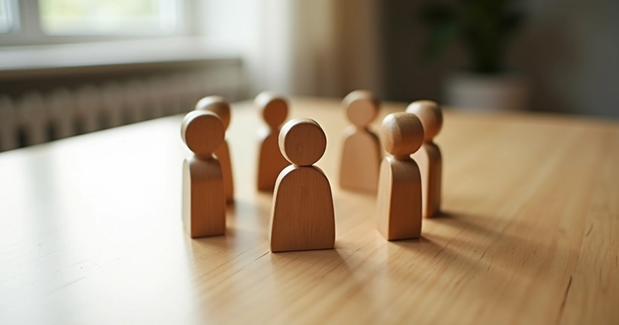 Wooden figures arranged in a circle on a table