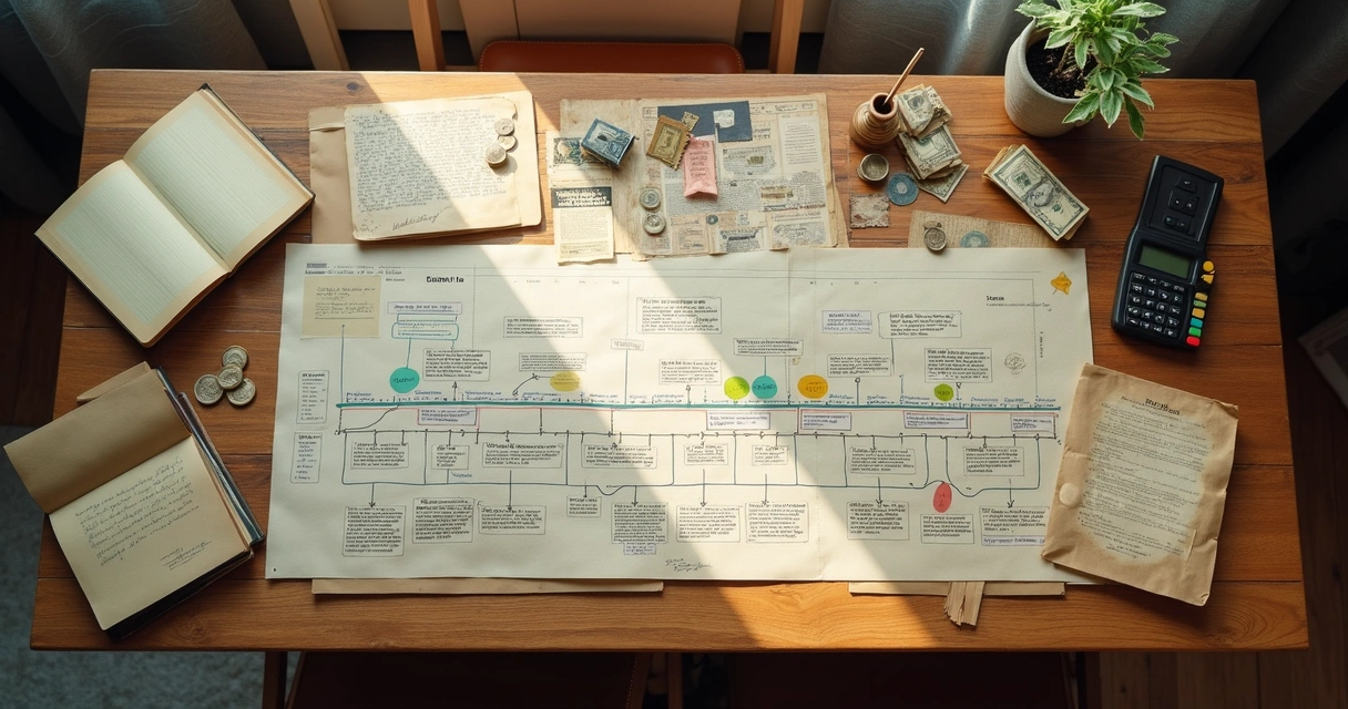 Family financial timeline with notes and documents on a table