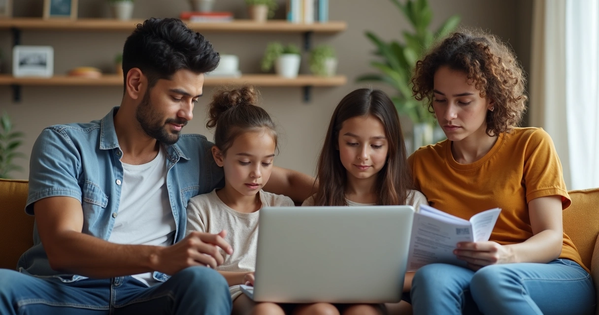 Family discussing finances on living room sofa