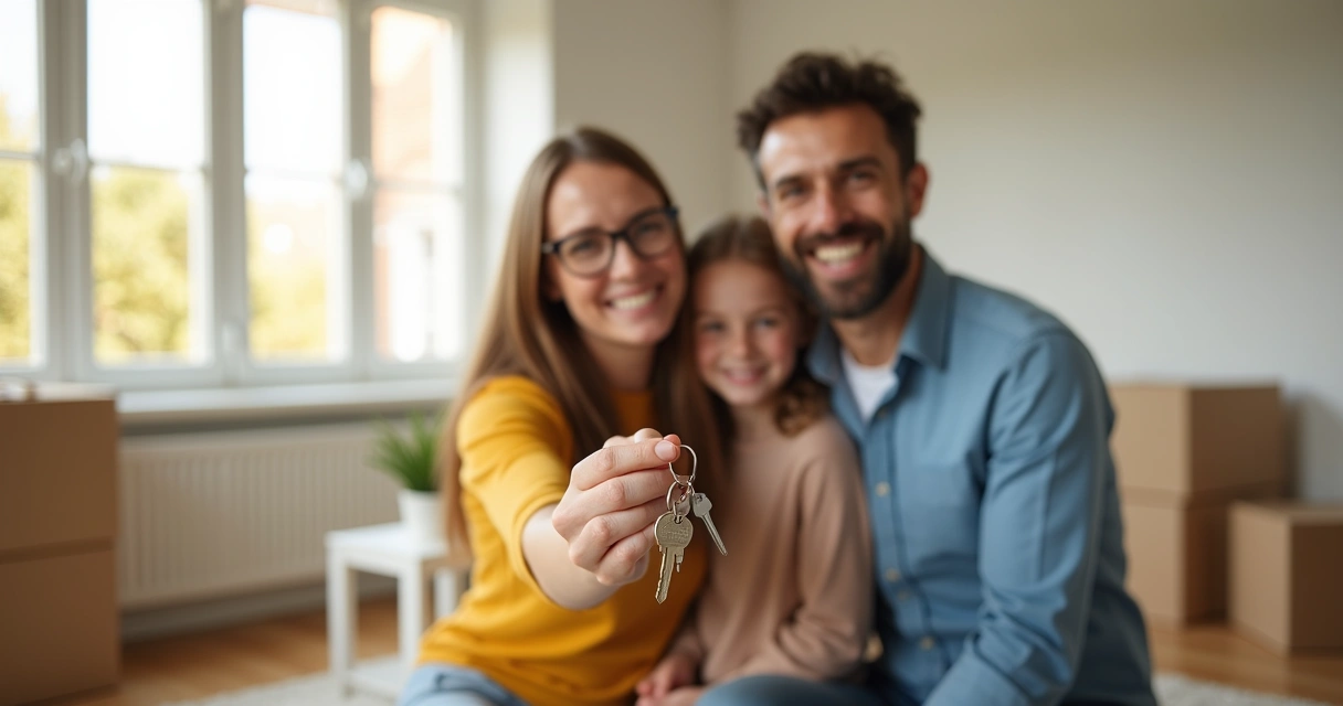 Young family holding house keys in a living room 