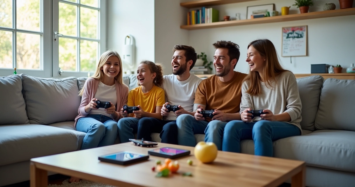 Família rindo junta no sofá jogando videogame em um console.