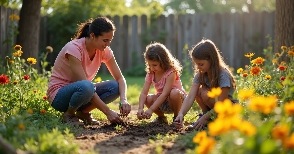 Family planting flowers in a backyard garden