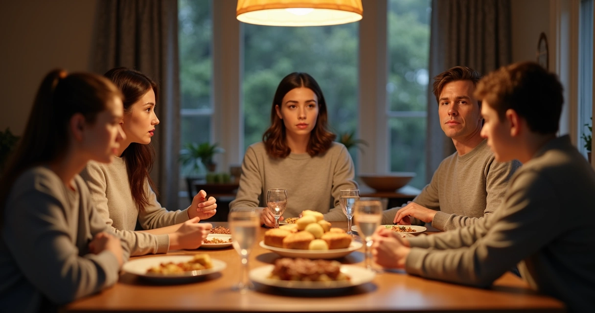Family gathering with unspoken tension around the table 