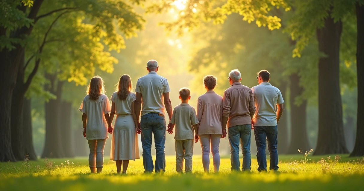 Generations of family standing together in a park, illustrating connection across ages.