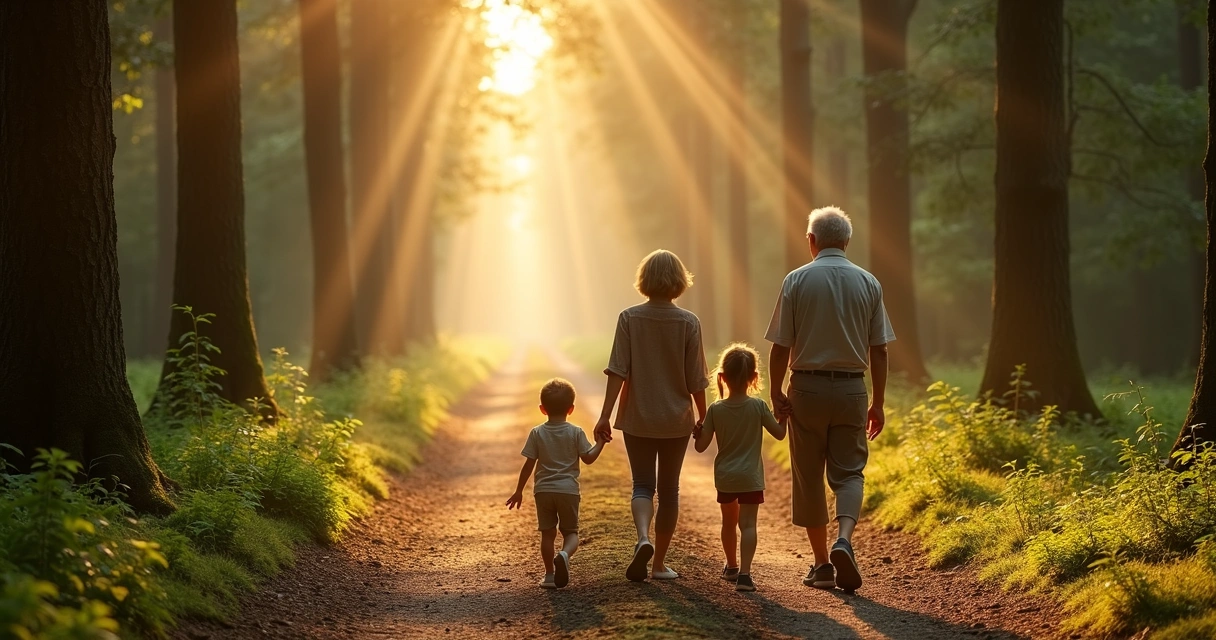 Three generations walking along a forest path with light ahead 